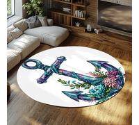 FEIPUHOME Art Ancre Nautique Rond Tapis Lavable Doux algues Corail Tapis pour Salon Chambre Appartement sous Table décoration intérieure à Poils Ras antidérapant 120x120cm