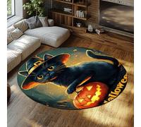 FEIPUHOME Art Animaux de Bande dessinée Halloween Tapis Ronds Chat Noir Citrouille Lanterne Petit Tapis Salon Entrée Couloir Porche Doux Antidérapant Lavable 80x80cm