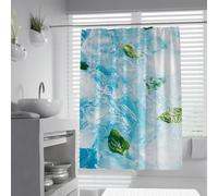 FEIPUHOME Art Boho Minimalisme Rideau de Douche avec Crochets Menthe Feuilles Glaçons Eaux Bleues Salle de Bain Rideaux de Douche Imperméable Polyester Séchage Rapide 90 x 180 cm