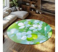 FEIPUHOME Art Boho minimalisme Tapis Rond Fleur Blanche Printemps Floral Grand Tapis antidérapant pour Salle à Manger Chambre Bureau à Domicile Vert Poils Ras Lavable 80x80cm