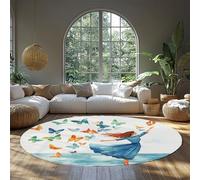 FEIPUHOME Art Dessin animé Aquarelle Rond Tapis Papillon océan Danser Fille Tapis pour Chambre d’Enfant Salon entrée Salle familiale à Poils Ras Lavable 160x160cm