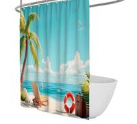 FEIPUHOME Art Dessin animé Rideau de Douche Doublure Palmiers Anneau de Natation Nuages Blancs océan Baignoire Rideaux Sec et Humide séparation Extra Long Tissu Bleu 90 x 180 cm