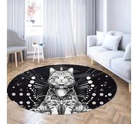 FEIPUHOME Art Fantasy mystérieux Rond Tapis Chat Noir et Blanc avec des Symboles géométriques Tapis d’intérieur pour Chambre d’Enfant Salle de Jeux Salle à Manger décor à Poils Ras 120x120cm