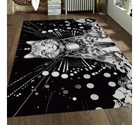 FEIPUHOME Art Fantasy mystérieux Tapis Chat Noir et Blanc avec des Symboles géométriques Tapis d’intérieur pour Chambre d’Enfant Salle de Jeux Salle à Manger décor à Poils Ras 120x150cm