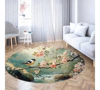 FEIPUHOME Art Fleur d’Oiseau sérénité Tapis Ronds Fleurs de pêcher Canards ruisseau et Cascade Tapis Lavable à Poils Ras Salon Cuisine sous évier Antidérapant 120x120cm