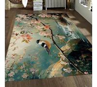 FEIPUHOME Art Fleurs d’Oiseau sérénité Tapis Fleurs de pêcher Canards ruisseau et Cascade Tapis Lavable à Poils Ras Salon Cuisine sous évier Antidérapant 120x180cm