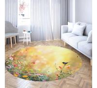 FEIPUHOME Art Fleurs d’Oiseau vibrantes Tapis Ronds Printemps Jardin Floral Tapis d’intérieur scénique pour l’esthétique de la Chambre d’Enfant Décor Lavable en Machine 80x80cm