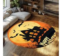 FEIPUHOME Art Halloween Horreur thème Rond Tapis Citrouille château Chauves-Souris Imprimer Grand Tapis à Poils Ras pour intérieur extérieur Chambre décor antidérapant Pliable 120x120cm