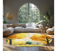 FEIPUHOME Art Jaune Automne Campus Paysage Tapis Ronds Lavable en Machine Romantique Aire de Jeux pelouse Couple Tapis pour Salle à Manger Salon à Poils Ras 160x160cm