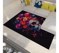 FEIPUHOME Art Jour des Morts Thème Tapis à Poils Ras Fleurs Ballons Papillons Crâne Tapis pour Salon Entrée Principale Sol Décor Lavable 160x200cm