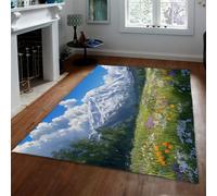 FEIPUHOME Art Neige Montagnes et Ciel Bleu Paysage Naturel Tapis Printemps Floraison Champs de Fleurs Tapis pour Salon Chambre à Coucher Entrée Poils Ras 200x300cm