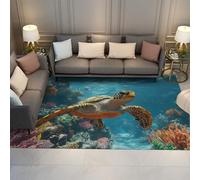 FEIPUHOME Art Océan Design Esthétique Tapis Tortue De Mer Corail Algues Tapis De Sol pour Chambre D’Enfant Salle De Jeux Décor Intérieur Lavable Antidérapant 160x200cm