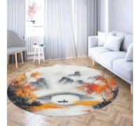 FEIPUHOME Art Oriental Automne Paysage Rond Tapis Montagne Misty Pont Rivière Scène Petit Tapis Salon Entrée Couloir Porche Non Antidérapant Lavable 120x120cm