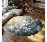 FEIPUHOME Art Papillon Floral Doux Mince Rond Tapis Romantique Printemps Tapis de Jardin pour Enfants Chambre Ados Chambre Cuisine décoration intérieure à Poils Ras Lavable 160x160cm