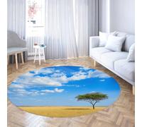 FEIPUHOME Art Paysage Africain Doux Mince Rond Tapis Lone Tree avec Ciel Bleu Tapis de Sol pour Salon Chambre Couloir Lavable en Machine à Poils Ras 160x160cm