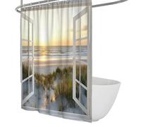 FEIPUHOME Art Paysage l’océan Rideau Douche Plage Sable Blanc Herbes Sauvages et Vagues Rideaux Bain Ensemble avec Crochets pour décor Salle Bain Chic imperméable à l’Eau 120 x 200 cm