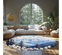 FEIPUHOME Art Paysages naturels Tapis Rond Neige Montagnes Oiseaux Volants Champs de Fleurs Tapis pour Salon Chambre d’Enfant Chambre Décor à la Maison Antidérapant 80x80cm