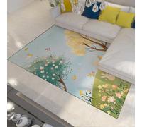 FEIPUHOME Art Printemps Woodland Paysage Tapis Mignon Lapin Oiseaux Arbres Dessin Animé Antidérapant Doux Tapis À Pils pour Chambre D’Enfant Salle À Manger Couloir 180x280cm