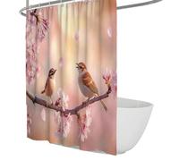 FEIPUHOME Art Rideaux de Douche Fantaisie de Printemps pour Salle de Bain Fleurs de pêcher et moineaux Fleur et Oiseau Motif Rideau de Bain en Tissu Polyester imperméable 150 x 200 cm