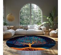 FEIPUHOME Art Tapis Rond Abstrait Nordique étoiles Bleues Arbre de Vie sur Terre Tapis d’intérieur avec Support antidérapant Lavable pour Le Salon Chambre à Coucher Salle d’étude 200x200cm
