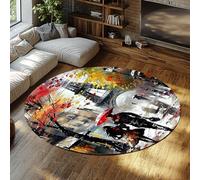 FEIPUHOME Art Thème Romantique Tapis Rond avec Couple Tenant Un Parapluie sous la Tour Paysage Urbain Tapis Salon Chambre Sol Décor Lavable 80x80cm