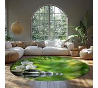 FEIPUHOME Art Thème Vert Doux à Poils Ras Tapis Ronds Pierres Blanches et orchidées Tapis de ruisseau de Bambou pour Spa hôtel Chambre méditation Bureau décor 200x200cm