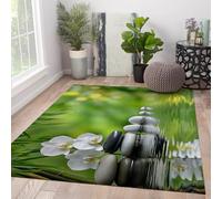 FEIPUHOME Art Thème Vert Doux Tapis à Poils Ras Pierres Blanches et orchidées Bambou ruisseau Tapis pour Spa hôtel Chambre méditation Bureau décor 120x150cm