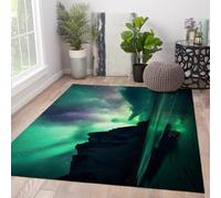 FEIPUHOME Art Vert Aurora Borealis Tapis de Sol Mince Lavable Plage océan falaises Paysage Naturel Tapis pour Salon intérieur à Poils Ras antidérapant 120x240cm