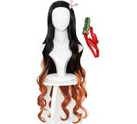 Feirrty Cosplay Kamado Nezuko Perruque et Bambou Anime Demon Slayer Perruque Longue Noir Brune Perruque pour Halloween (Nezuko)