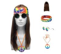 Feithmonic 4-Pcs Déguisement Perruque Hippie Femme Homme, Année 80s 70/60 Perruque Disco avec Lunettes, Collier de Paix, Bandeau Tie-Dye, Costume pour Cosplay Carnaval Halloween Anniversaire Fête