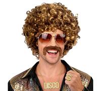 Feithmonic 5 Pcs Perruque Homme, Perruques Afro Disco Hippie Année 70 80 90, Wig Bou Marron Mêlé de Blonde, Lunettes Rétro Barbe Bague Collier, Accessoires de Costume pour Noël Carnaval Halloween