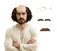 Feithmonic Perruque Chauve Homme avec Cheveux Marron Déguisement Grand-Père | 4 Pièces, Perruque Chauve Vieux avec Lunettes Moustache Sourcils, Costume Professeur Savant Fou Beauf pour Halloween Carnaval