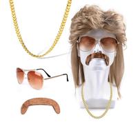 Feithmonic Perruque Mulet Hommes Année 80 70s, Marron Clair Longue Perruques avec Lunettes de Soleil, Fausse Barbe, Collier, Disco Rock Coiffure pour Carnaval, Cosplay, Halloween, Soirée Fête à Thème