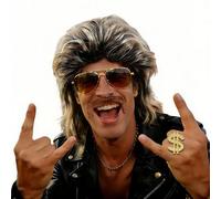 Feithmonic Perruque Mulet pour Homme, Style Rétro Années 70 80 Disco Hippie Rock Star, Collier Bague Lunettes Barbe, Perruque Longue Noire et Blanche pour Costume Déguisement Fête Carnaval Halloween