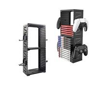 Feiuan Tour de Stockage de Jeu pour PS5 PS4, Couche Double Support de Rangement Stocke 24 Jeux ou disques Blu Ray,4 Support Casque et Manette pour PS4 Slim Pro, X-Box One Slim/X, NS Switch