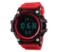 FeiWen Homme Grand Cadran 50M Étanche Outdoor Militaires LED Digital Sport Montres Bracelet 50M Étanche Multifonctionnel Alarme Chronomètre Temps Double Plastique Montre (Rouge)