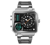FeiWen Montres de Homme Acier Inoxydable Outdoor Analogique Quartz LED Temps Double Digital Sport Montre Rectangulaire Rétro Eclairage (Argent)