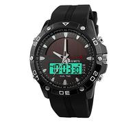 FeiWen Multifonctionnel Solaire Montres Bracelet de Homme Acier Inoxydable de la Lunette et Caoutchouc Ruban Analogique Quartz LED Digital Temps Double Outdoor Militaires 5ATM Étanche Montre