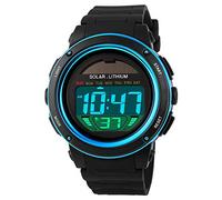 FeiWen Solaire Montres Bracelet de Mixte 5ATM Étanche Plastique de la Lunette et Caoutchouc Ruban Outdoor Militaires Multifonctionnel LED Digital Sport Montre de Homme ER Femme, Bleu