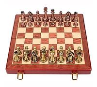 Feiyx Jeu d'échecs pliable en métal avec pièces d'échecs rétro en métal plaqué cuivre et échiquier pliable portable en bois pour débutants, adultes et enfants