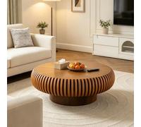 FeiZhiYanS Table Basse à Tambour Rond avec piédestal Robuste, Table Centrale contemporaine Minimaliste cannelée en Bois Moderne du Milieu du siècle pour Salon, Bureau, Salle de réception