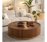 FeiZhiYanS Table Basse Ronde avec tiroir de Rangement dissimulé, Table Basse Tambour en Noyer, Style Milieu du siècle, entièrement assemblée, pour Le Salon, l'appartement et Les Petits espaces,A