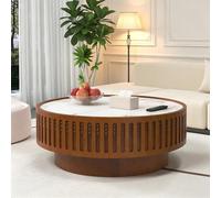 FeiZhiYanS Table Basse Ronde cannelée en marbre de 90 cm avec Plateau en Pierre frittée, Style Moderne du Milieu du siècle, avec Pied Central, idéale pour Un Appartement ou Un Salon,A35