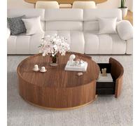 FeiZhiYanS Table Basse Ronde en Bois de loupe de Noyer de 90 cm (35,4 po) avec tiroir de Rangement dissimulé, Style Tambour Moderne, sans Assemblage.,A