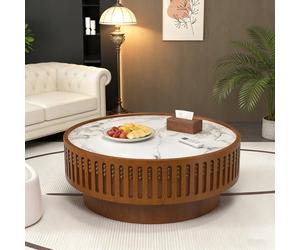 FeiZhiYanS Table Basse Ronde en Pierre frittée cannelée, Table Basse Moderne en Bois avec placage cannelé, Table d'appoint Ronde idéale pour Les Petits espaces de Salon et d'appartement,El