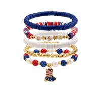 Feizikaw Bracelets Ensemble de bracelets de célébration du 4 juillet, bracelet monogramme en perles de céramique douce, extensible, drapeau étoile, bijoux à main, liberté des États- (B, One Size)