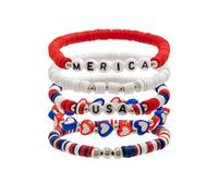 Feizikaw Cadeau Pour Femme Ensemble de bracelets de célébration du 4 juillet, en céramique douce, monogramme perlé, extensible, drapeau étoile, bijoux à main (A, One Size)