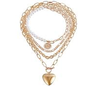 Feizikaw Collier Argent Collier de perles multicouche, Imitation de perles, amour exagéré, rétro (Gold, One Size)