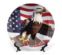 FekiLoot Aigle à tête blanche avec drapeau américain - Assiettes rondes en céramique avec présentoir - Assiettes de service à salade et dessert - Décoration artistique pour cuisine, salle à manger