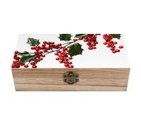 FekiLoot Boîte de rangement en bois avec couvercle à charnière et branches de houx - Boîte à souvenirs rustique pour travaux manuels, photos, cadeaux, décoration de maison et de bureau